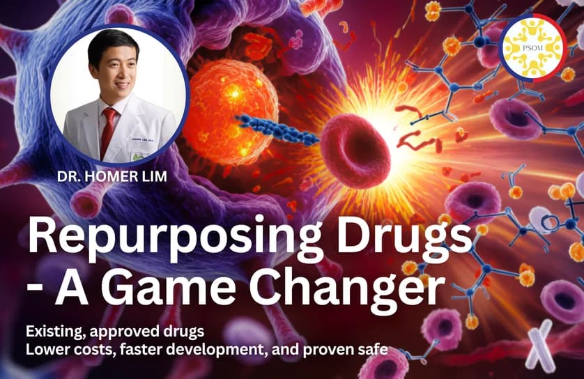 Title card for the workshop "Repurposing Drugs – A Game Changer" with a photo of Dr. Homer Lim, the Philippine Society of Orthomolecular Medicine badge, and the line "Existing, approved drugs — lower costs, faster development, and proven safe."